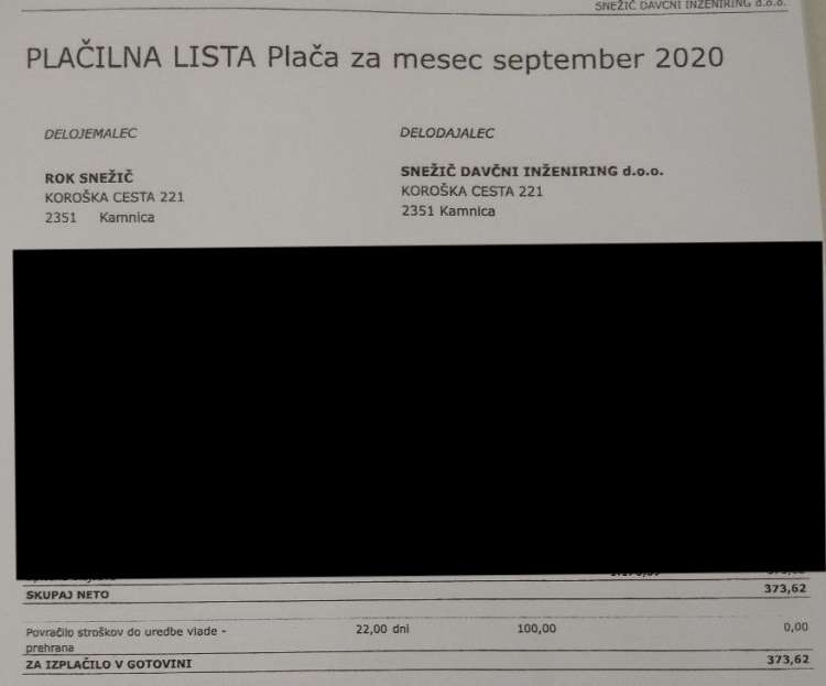 Rok Snežič je zaposlen v podjetju, ki je uradno v lasti njegove žene Klavdije Snežič. Prejema natanko 373,62 evra neto mesečne plače.