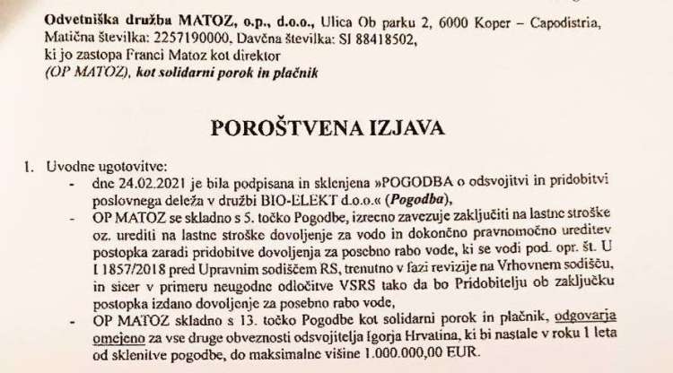 Poroštvena izjava, ki jo je podpisal Franci Matoz in dokazuje, da je bil on ves čas v ozadju nakupa bioplinarne v Vučji vasi.
