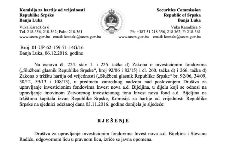 Odločba, ki jo je regulator kapitalskega trga iz Banjaluke leta 2016 izdal podjetjem, za katerimi so stali Aleš Musar in drugi vlagatelji iz Slovenije.