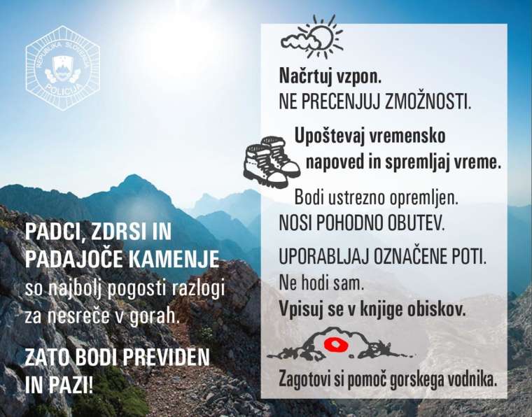 Policija z letaki v slovenščini in angleščini opozarja na varnost v gorah.2