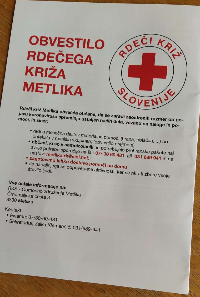 Obvestilo Rdečega križa Metlika