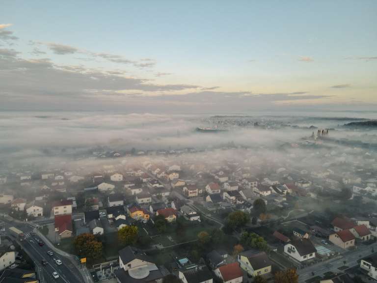 dron, megla, murska-sobota, murska, zračni, panorama, ulice, mesto