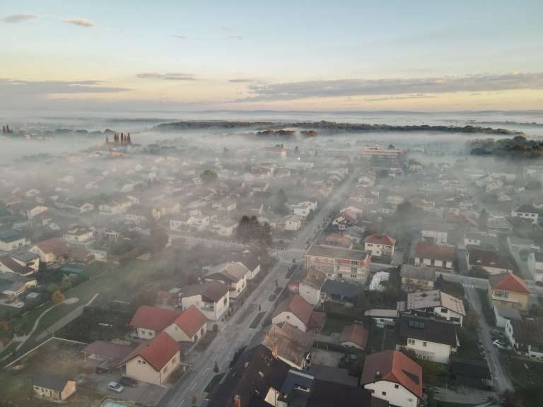 dron, megla, murska-sobota, murska, zračni, panorama, ulice, mesto