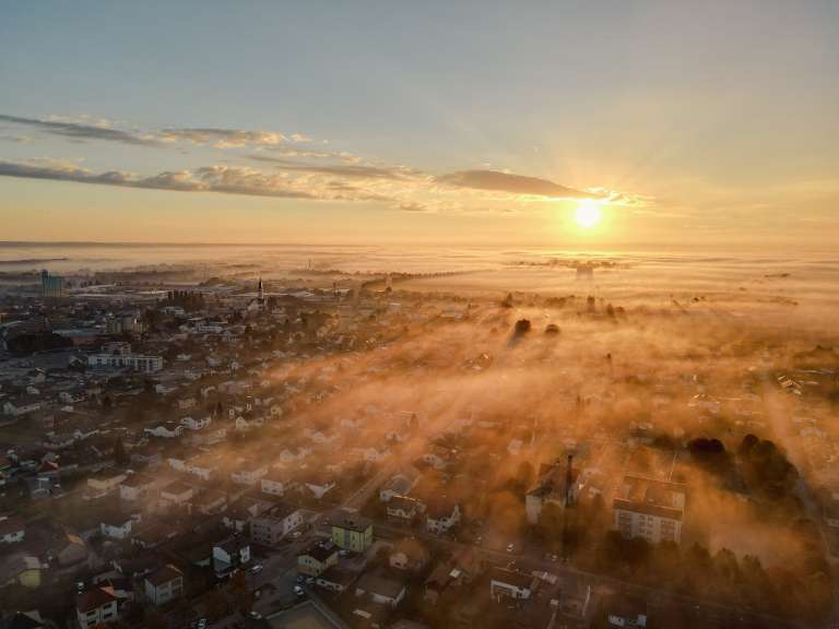 dron, megla, murska-sobota, murska, zračni, panorama, ulice, mesto