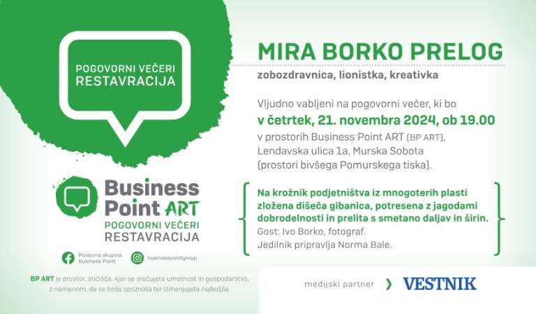 Vabilo na pogovorni večer Restavracija z Miro Borko Prelog.