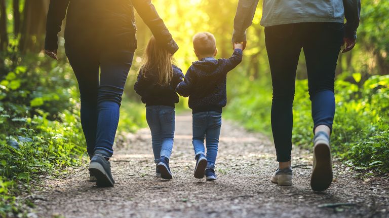 družina, sprehod, v gozdu