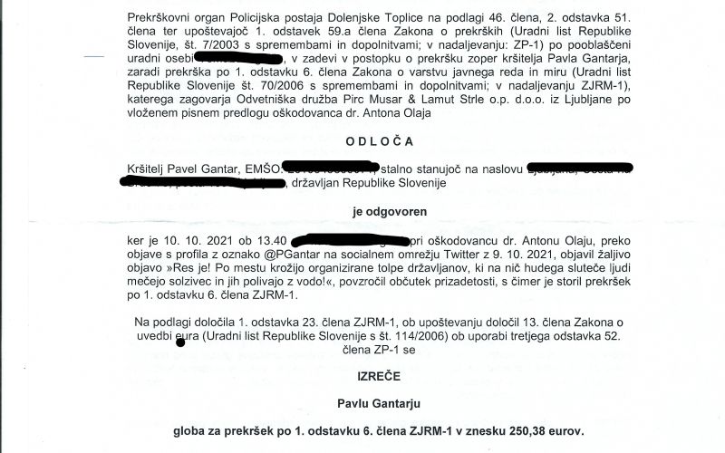 gantar, odločba o prekršku, anton olaj