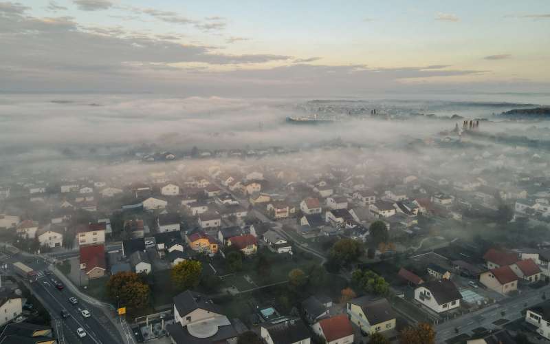 dron, megla, murska-sobota, murska, zračni, panorama, ulice, mesto
