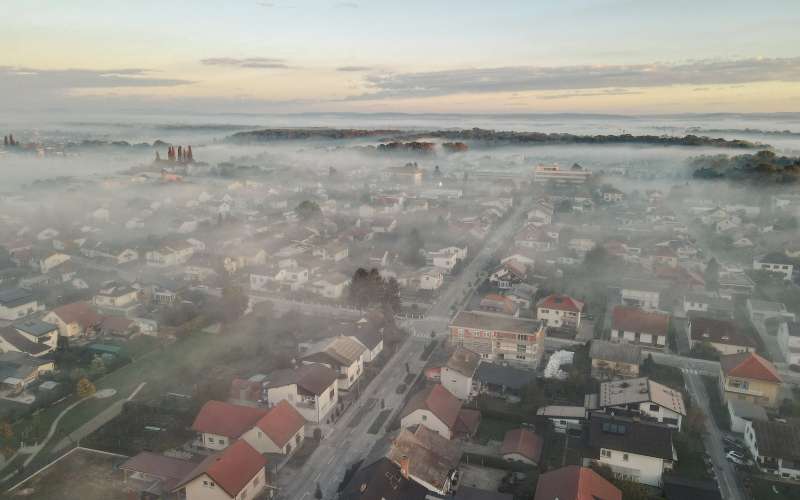 dron, megla, murska-sobota, murska, zračni, panorama, ulice, mesto