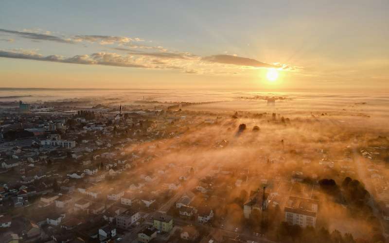 dron, megla, murska-sobota, murska, zračni, panorama, ulice, mesto