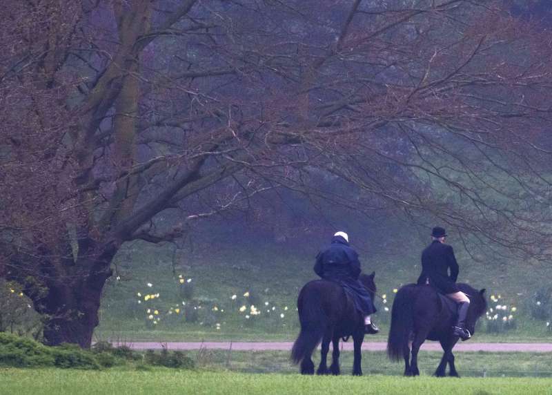 Kraljica Elizabeta si vsako jutro privošči ježo po parku Windsorskega gradu. Spremlja jo konjušnik.
