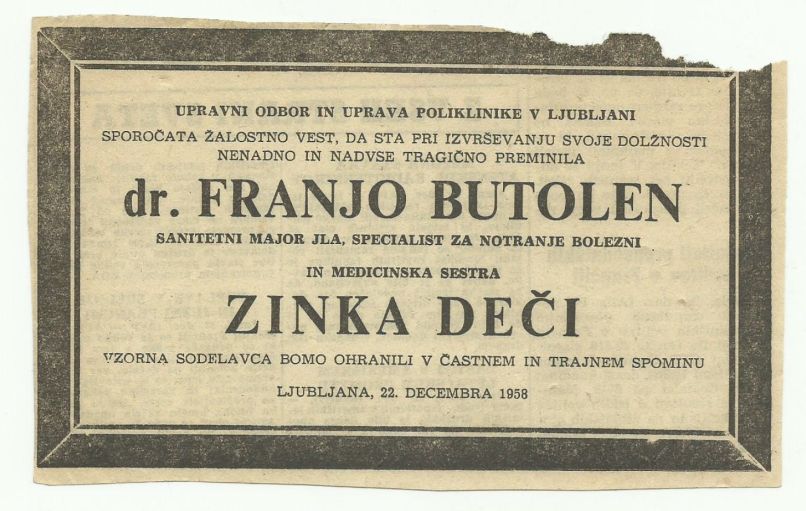 franjo butoln, zinka deči, osmrtnica