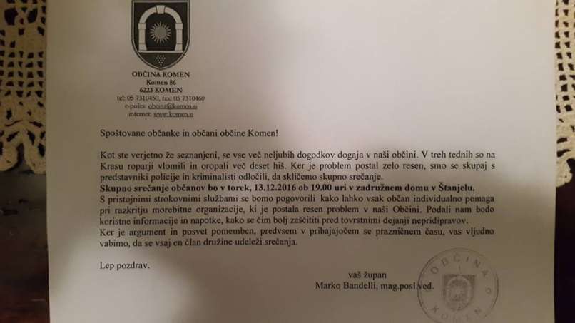 Župan Bandelli sklicuje posebno srečanje v zvezi z ropanjem na Krasu