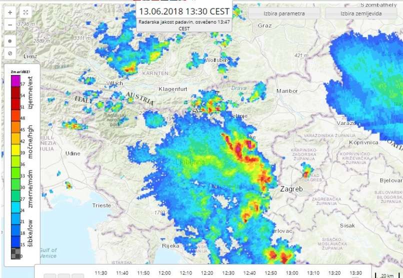 radarska slika padavin, 13.6.2018