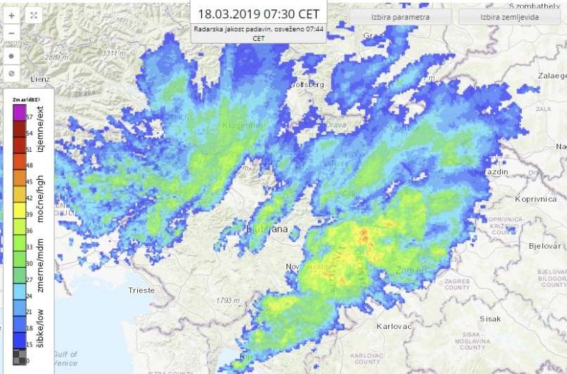 padavine, radarska slika, 18.3.2019