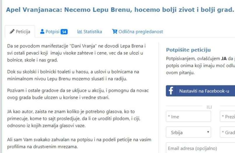 peticija, lepa brena, vranje