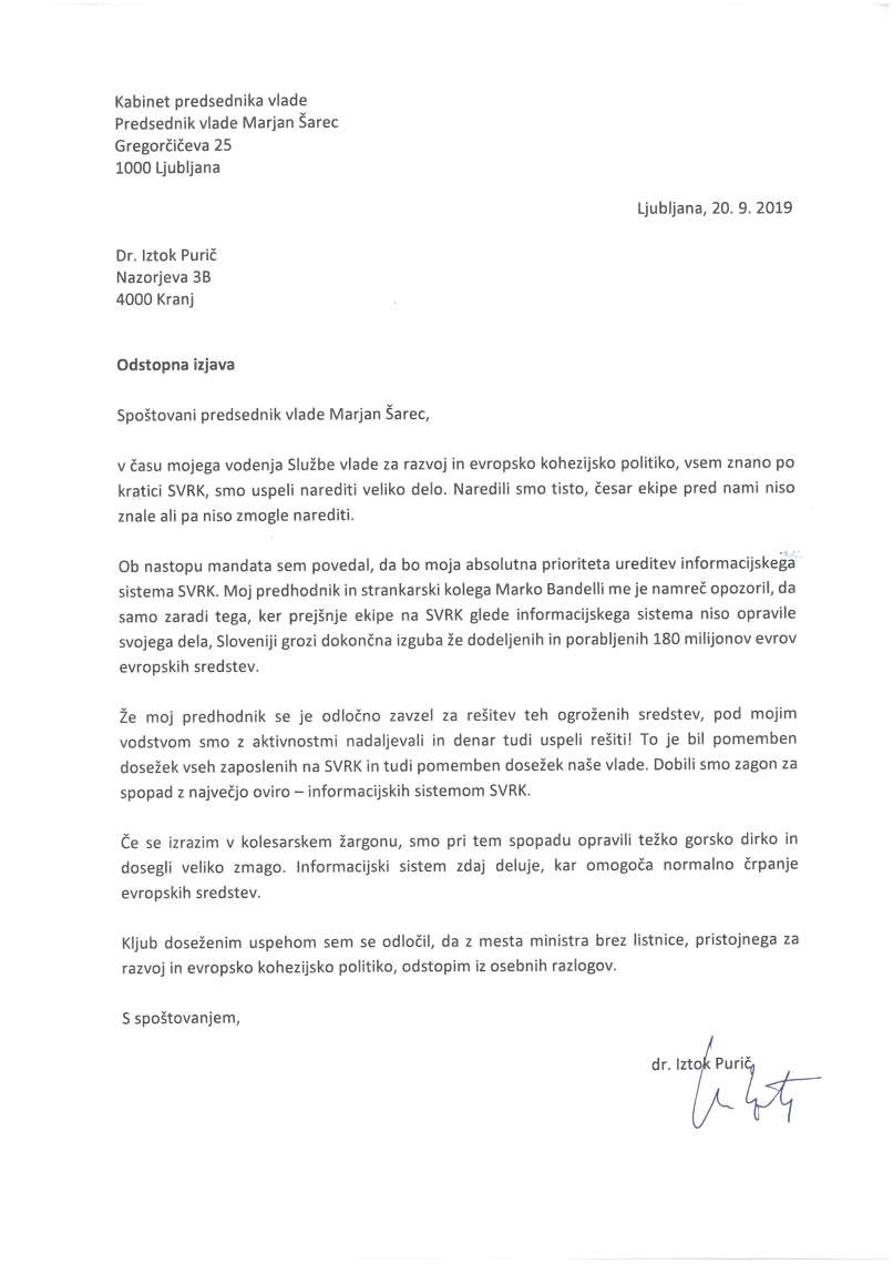 Odstopna izjava Iztok Purič