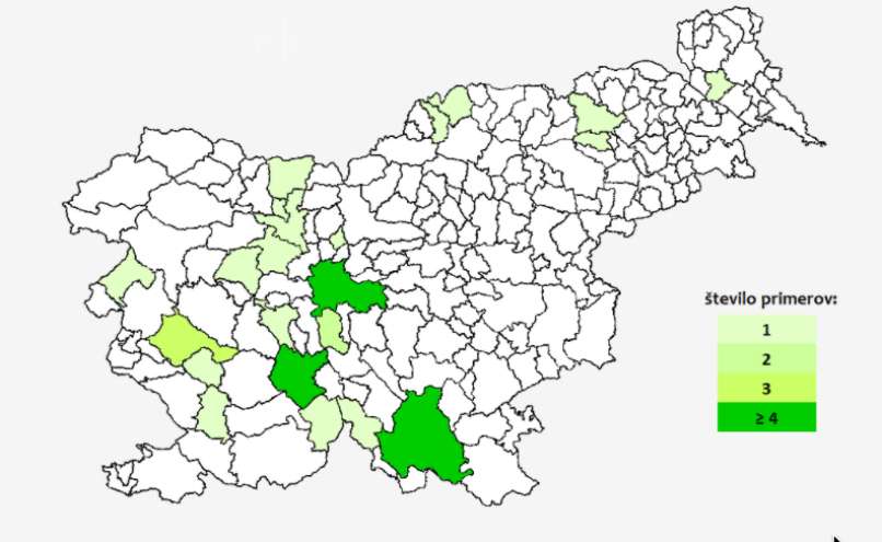 Število prijavljenih primerov HMRS, po občinah