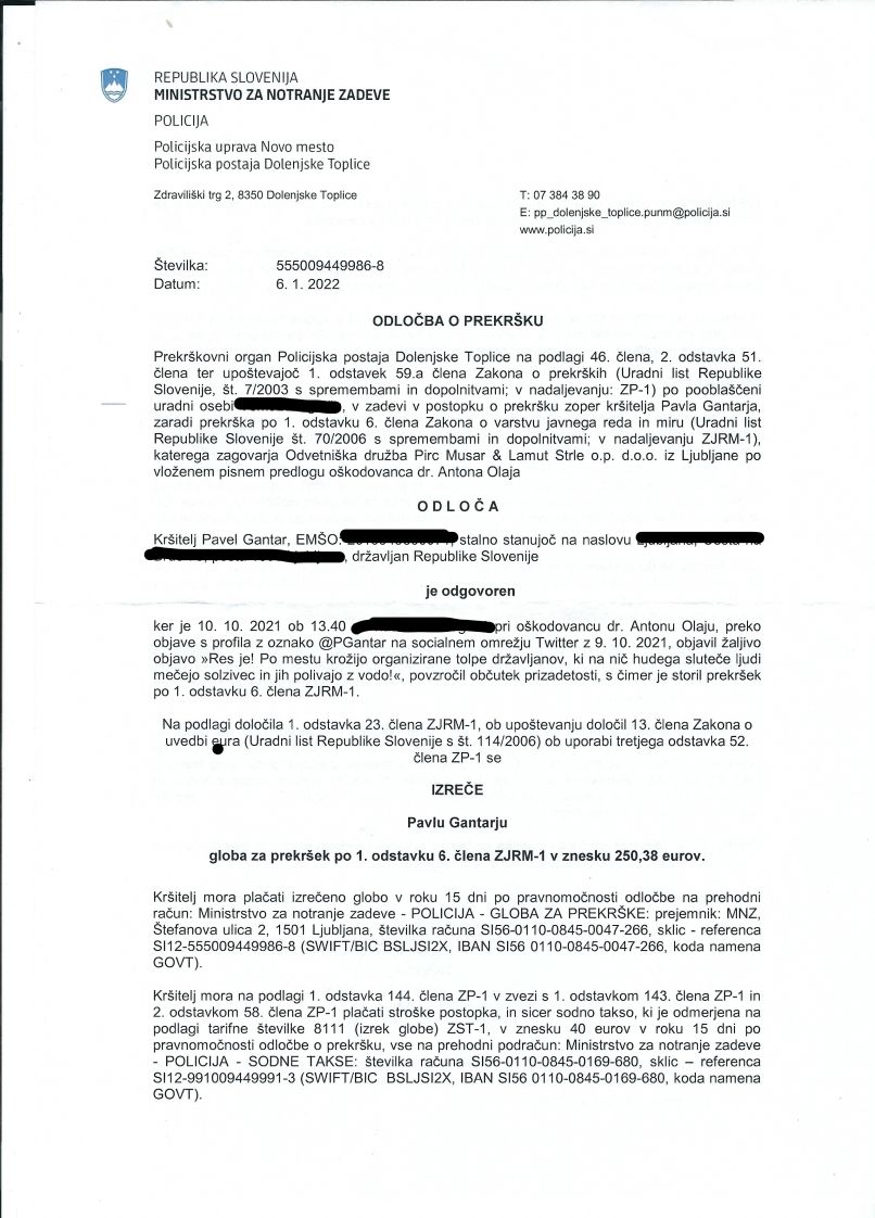 gantar, odločba o prekršku, anton olaj