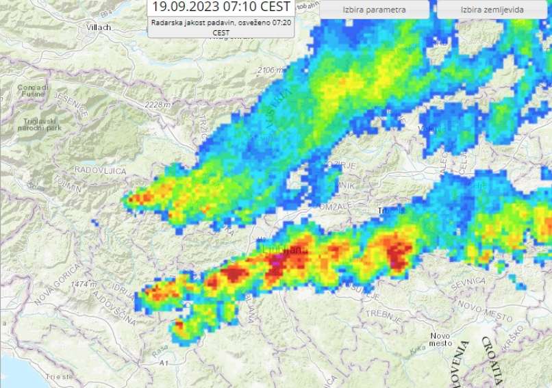 radarska slika padavin, 19.9.2023