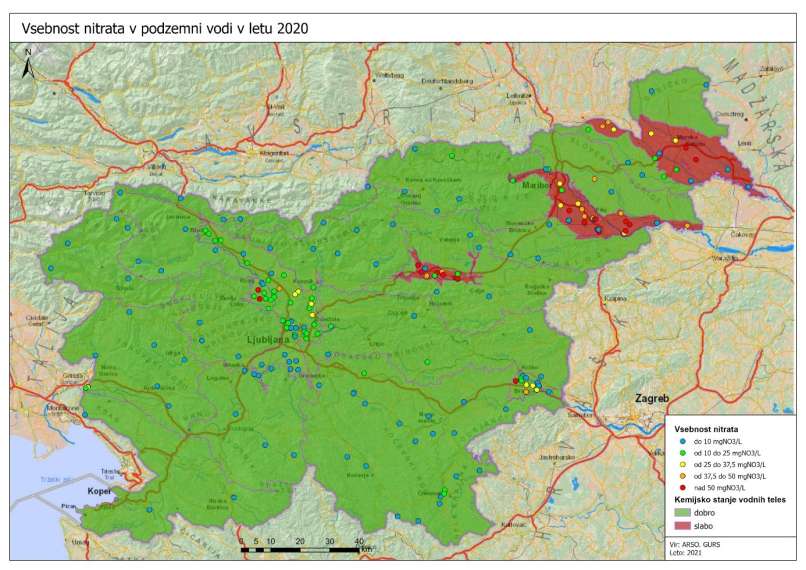 zemljevid nitratov, onesnaženje vode