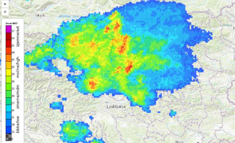 radarska slika padavin, 23.7.2024 1