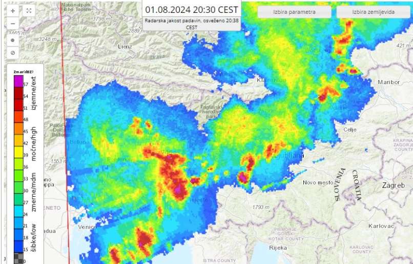 radarska slika padavin, 1.8.2024 1