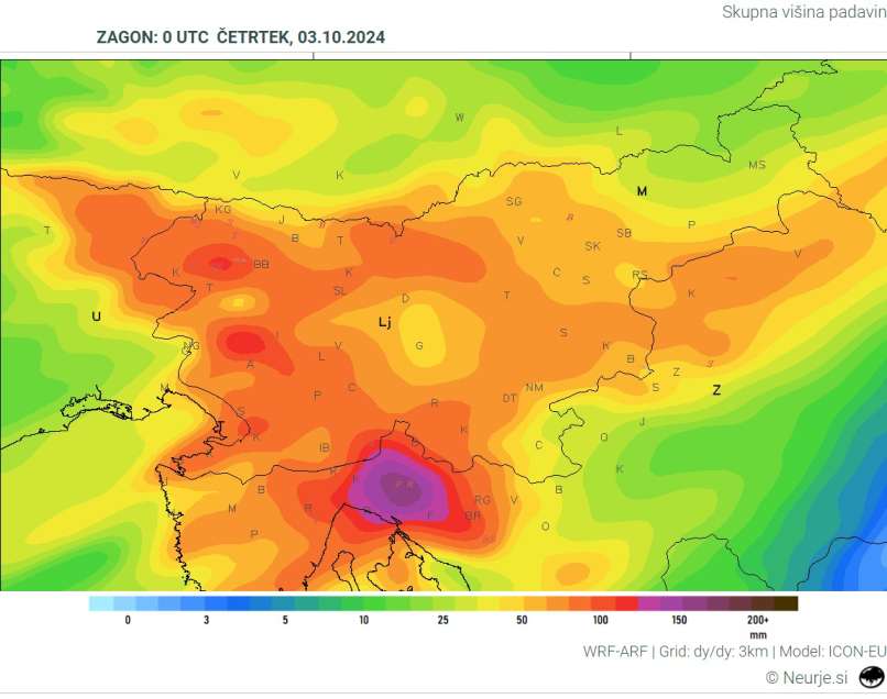 predvidene količine padavin, 2.10.