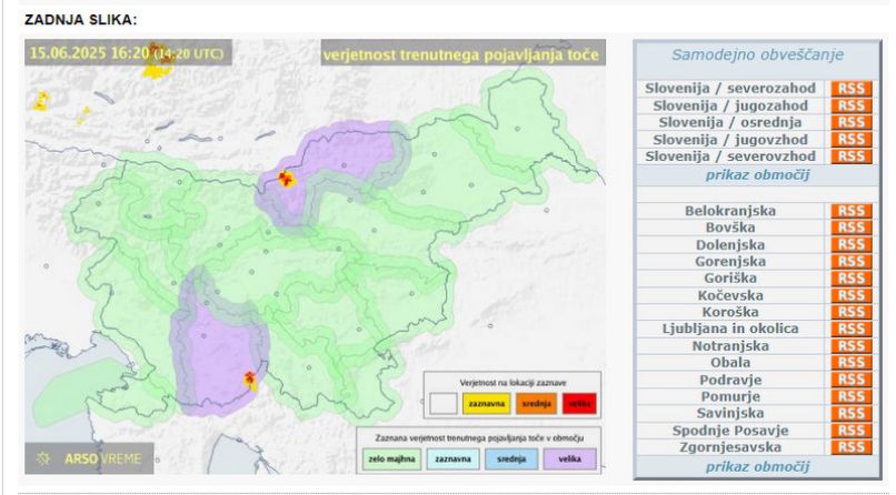 meteo.si - Uradna vremenska napoved za Slovenijo - Državna meteorološka služba RS - Verjetnost trenutnega pojavljanja toče – Avast Secure Browser 15.6.2025 162919