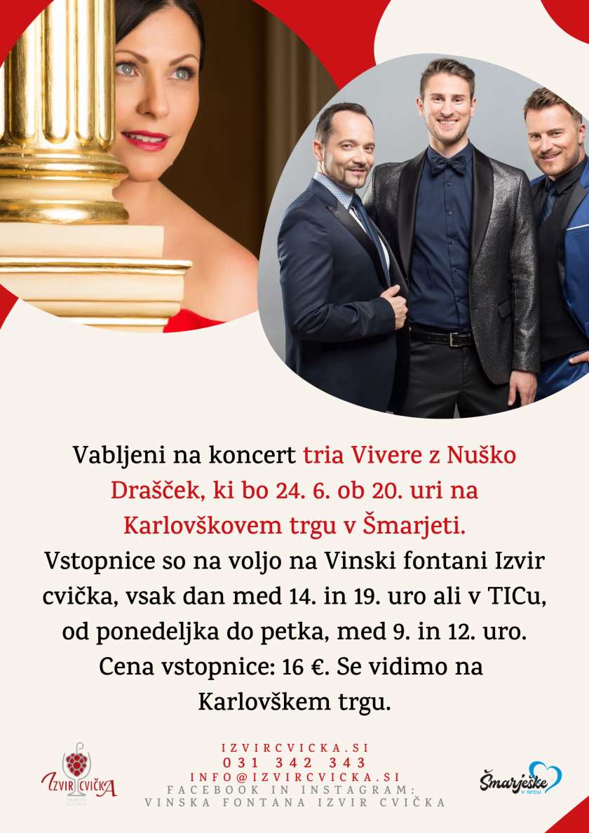 Jutri kancert tria Vivere z Nuško Drašček