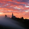 Dolenjska, cerkev, Slovenija, sonce, vinograd, trta, sončni vzhod, svetloba, vinarstvo, trta