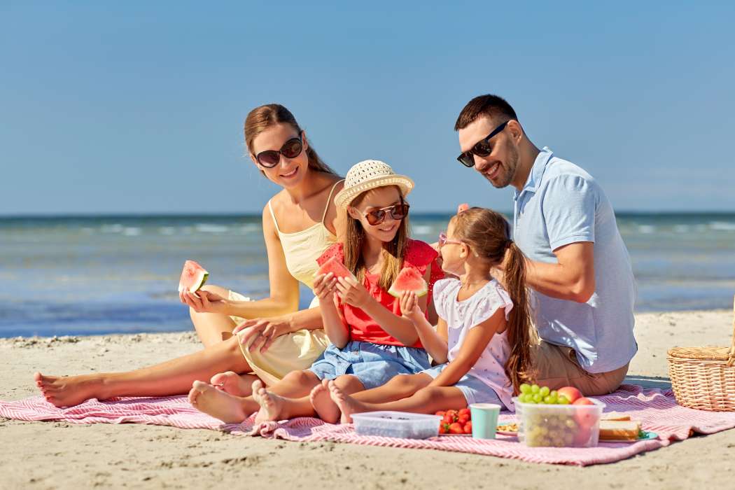 DRUŽINA NA PLAŽI, PIKNIK, POLETJE