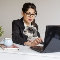 beautiful-young-business-woman-working-her-dog-office-looking-laptop-smiling-85980469