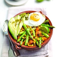 Asparagus and Sweet Potato Hash with Avocado and Egg