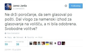 Janša prek Twitterja pojasnil, da ni glasoval po pošti 