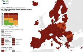 Na zemljevidu ECDC skoraj vsa Evropa  temno rdeča