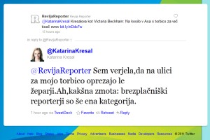 Kresalova na tviterju reporterje primerja z žeparji