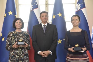 Pahor je znanstvenicama Tanji Petrushevski in Gabrijeli Zaharijaš podelil jabolko navdiha