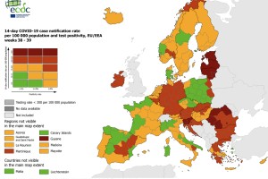 Epidemiološke razmere se na zahodu Evrope izboljšujejo, na vzhodu slabšajo, Slovenija  temno rdeča