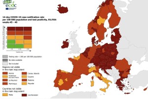 Na zemljevidu ECDC temno rdeča večina srednje in vzhodne Evrope