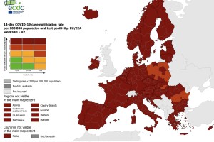 Na zemljevidu ECDC skoraj vsa Evropa  temno rdeča