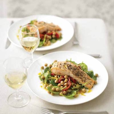 salmon with warm chickpea pepper and spinach salad