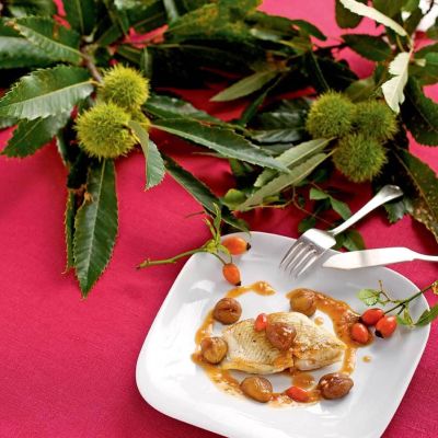 Waller mit Kastanien und Hagebuttensauce