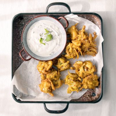 red onion and chilli bhajis with mint and garlic raita