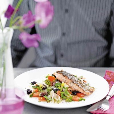 charred salmon with fennel and olive salad