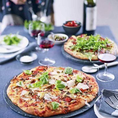 artichoke olive and caperricotta prosciutto and pesto pizza