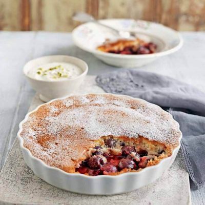 cheryr and almond sponge with pistachio creme fraiche