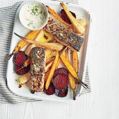 mustard salmon and veg bake with horseradish saucemake it tonighteveryday