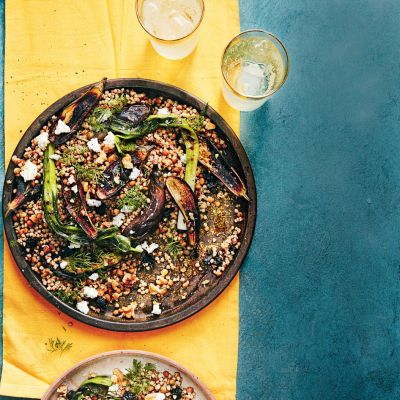 Buckwheat with charred baby aubergines