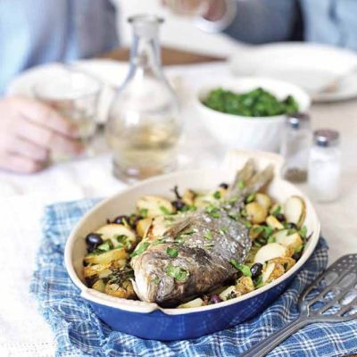 whole roast bream with potatoes and olives
